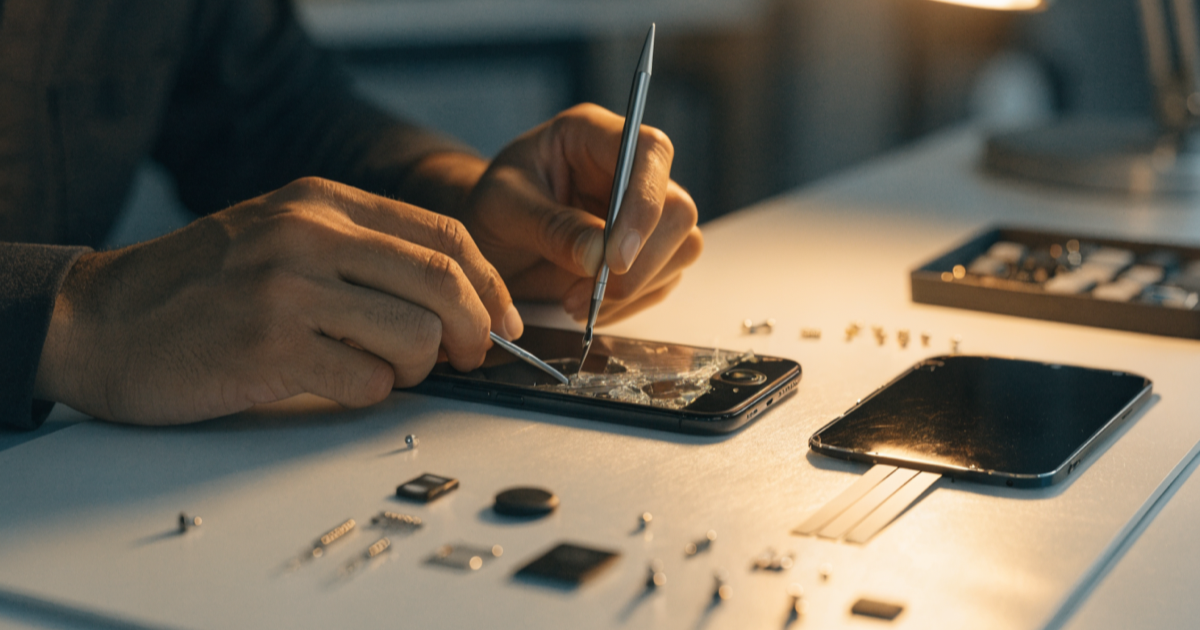 Technicien remplaçant un écran d'iPhone fissuré sur un établi de réparation, avec outils de précision